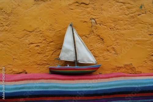 Colorful Sailboat on Striped Fabric Against Textured Yellow Wall