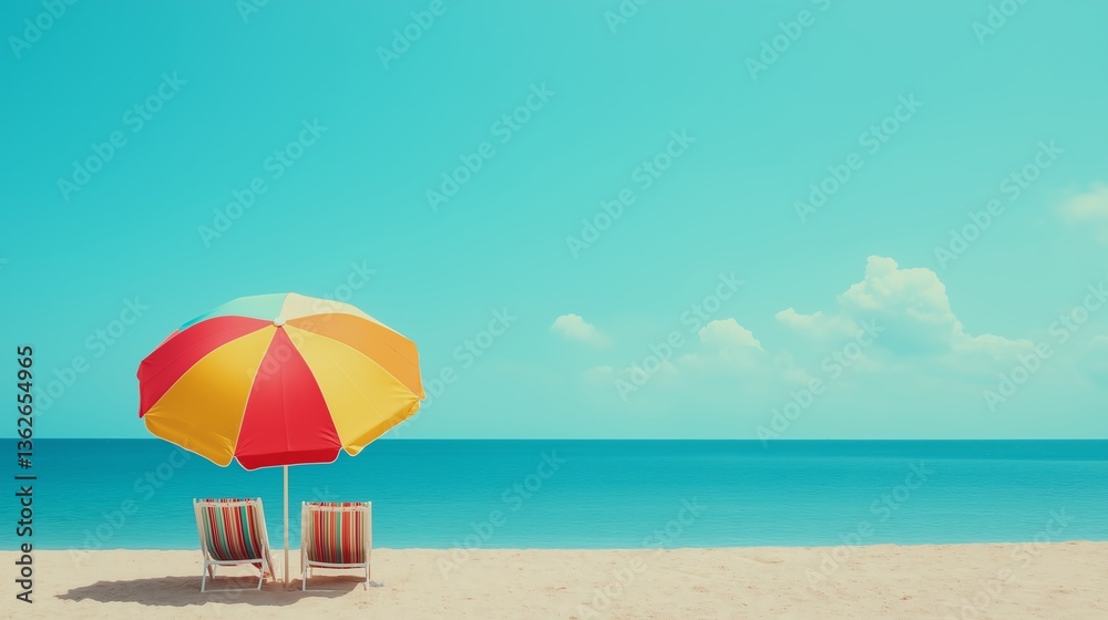 A peaceful beach scene featuring two lounge chairs under a colorful umbrella, overlooking a tranquil sea under a clear blue sky. Ideal for vacation and relaxation themes.