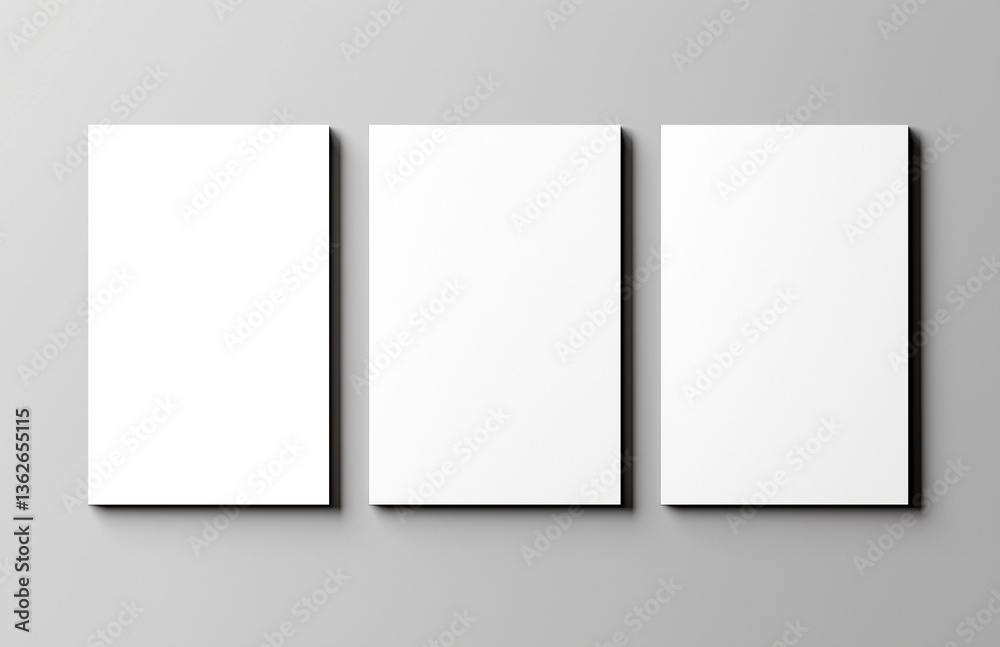 Blank posters arranged on gray background, ideal for showcasing designs or artwork. clean, minimalist aesthetic provides versatile canvas for creativity Blank posters arranged on gray background, ideal for showcasing designs or artwork. clean, minimalist aesthetic provides versatile canvas for creativity