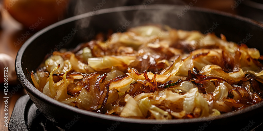 Close-up of caramelized onions in a dark pan, emitting steam, showcasing rich brown and golden hues, representing deliciousness and culinary art, ideal for food blogs or recipes Close-up of caramelized onions in a dark pan, emitting steam, showcasing rich brown and golden hues, representing deliciousness and culinary art, ideal for food blogs or recipes