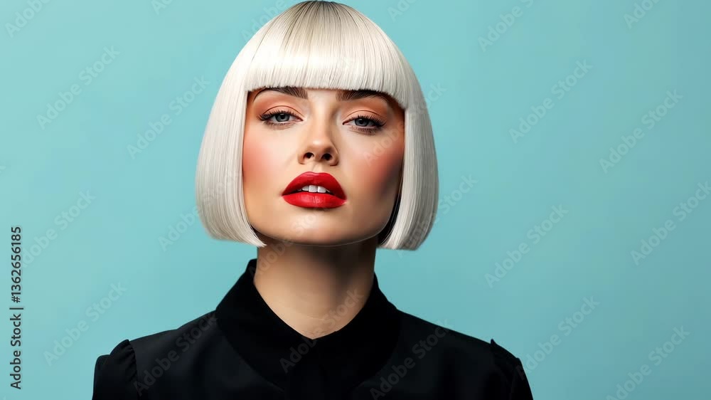 Stylish woman with sleek bob hairstyle and bold red lips exudes beauty and confidence against turquoise background in modern fashion.