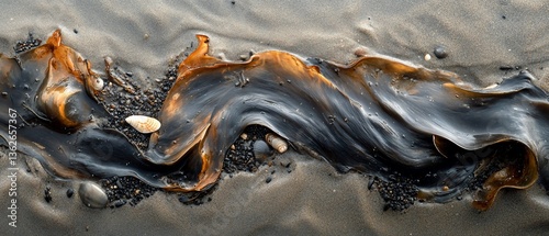 Dark & orange seaweed on sandy beach, small stones scattered nearby