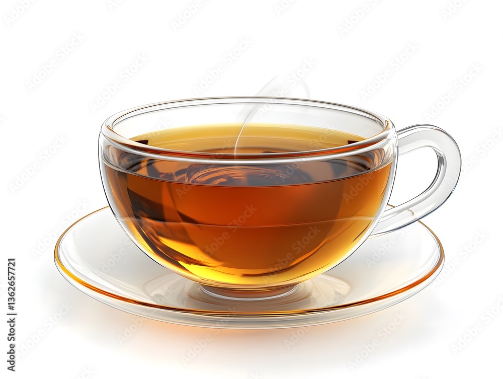 A cup of tea with lemon on a white background, featuring a transparent mug, saucer, and hot herbal beverage A cup of tea with lemon on a white background, featuring a transparent mug, saucer, and hot herbal beverage