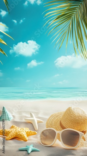 Vertical Vibrant Summer Advertisement Background with Summer Elements Like Sunglasses, Fruits, and Starfish – Perfect for Marketing, Promotions, and Graphic Design