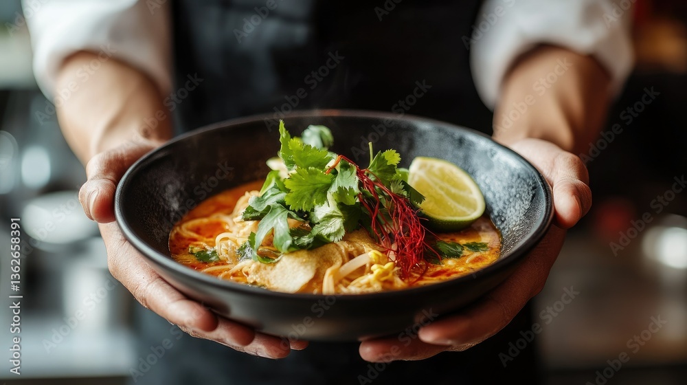 A waiter serving a bowl of Thai noodle soup topped with fresh herbs, lime, and chili oil. A waiter serving a bowl of Thai noodle soup topped with fresh herbs, lime, and chili oil.