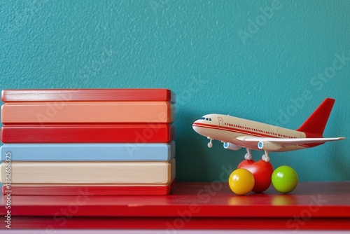 Colorful toy airplane and building blocks on a vibrant backdrop