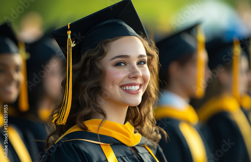 joyful female graduate wearing cap and gown, smiling brightly during graduation ceremony. Her peers are visible in background, celebrating this significant milestone