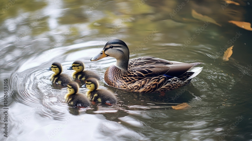 A peaceful pond scene with a mother duck and her ducklings swimming together, the soft ripples creating a beautiful reflection on the water A peaceful pond scene with a mother duck and her ducklings swimming together, the soft ripples creating a beautiful reflection on the water