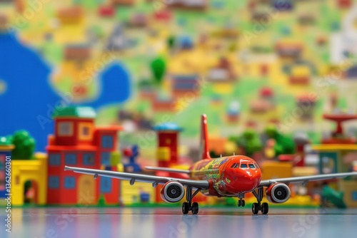 Colorful Toy Airplane Facing Camera with Cartoon City Background