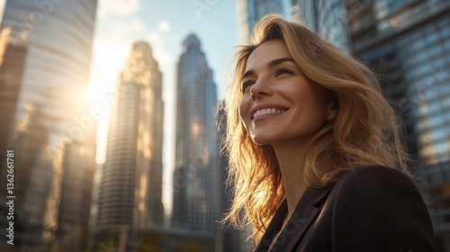Aspirational businesswoman looks towards skyscrapers with confident smile
