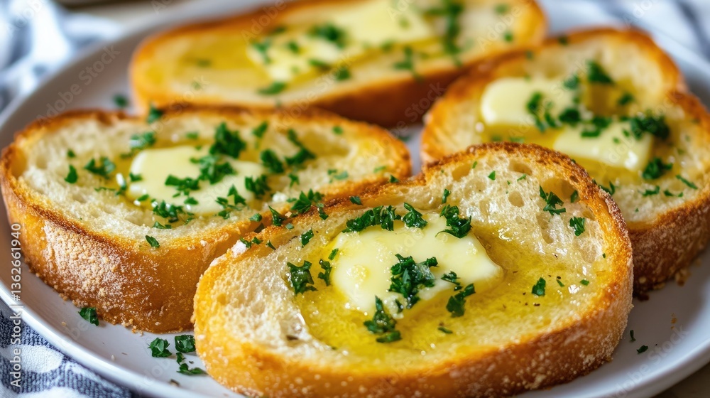 A plate of garlic bread slices with soft butter melting into the crust, garnished with parsley. A plate of garlic bread slices with soft butter melting into the crust, garnished with parsley.