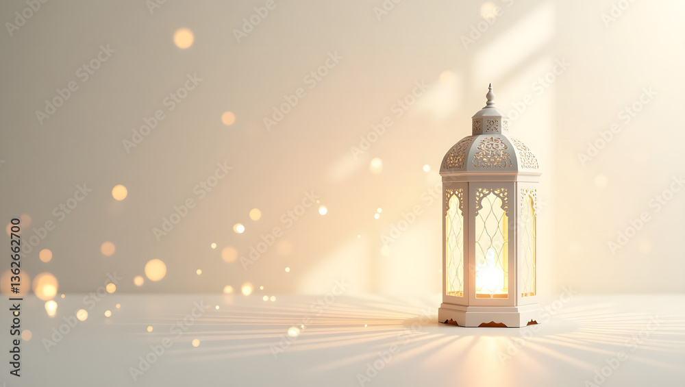 Fototapeta premium Islamic white lantern with warm golden bokeh on a white background, perfect for Islamic festivities. Empty copy space for text. For Eid greeting cards, Ramadan Kareem, Eid al-Fitr, and Eid al-Adha.
