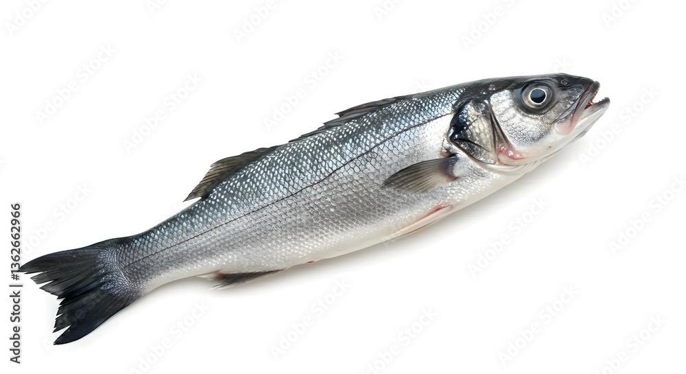 Obraz premium A whole fresh sea bass with shiny silver skin, isolated on white, highlighting its pristine quality and suitability for gourmet seafood dishes.