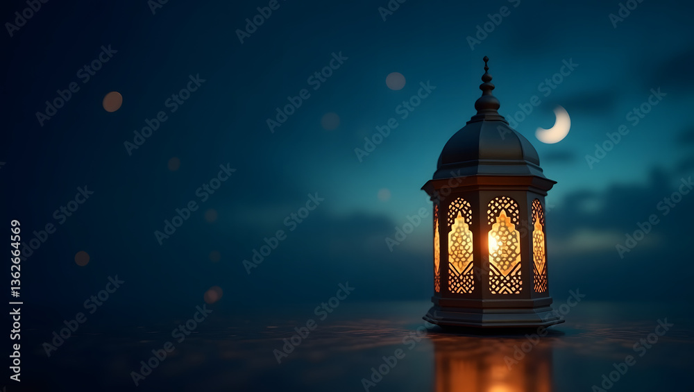Lantern with crescent moon on night sky background with empty copy space text area. Islamic background, Eid greetings cards background. Design concept of Ramadan kareem, Eid al fitr, Eid ul adha. Lantern with crescent moon on night sky background with empty copy space text area. Islamic background, Eid greetings cards background. Design concept of Ramadan kareem, Eid al fitr, Eid ul adha.