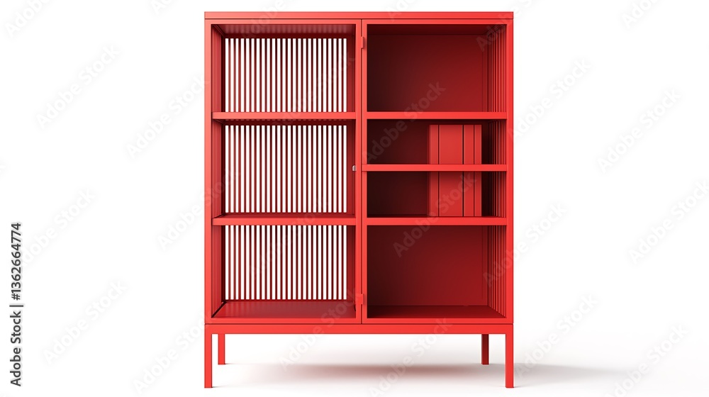 A red cabinet with white trim A red cabinet with white trim