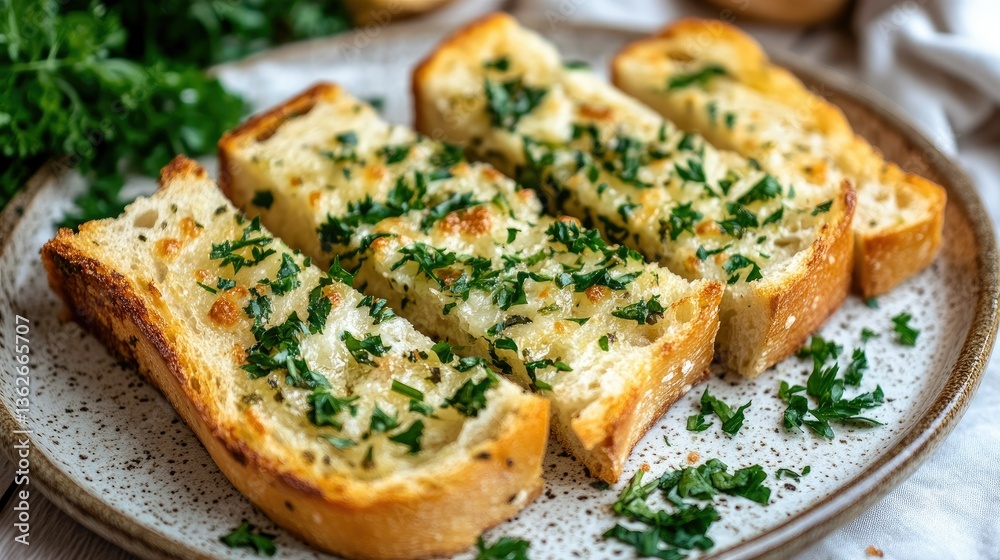 A serving of garlic bread with fresh parsley, beautifully arranged on a ceramic plate. A serving of garlic bread with fresh parsley, beautifully arranged on a ceramic plate.