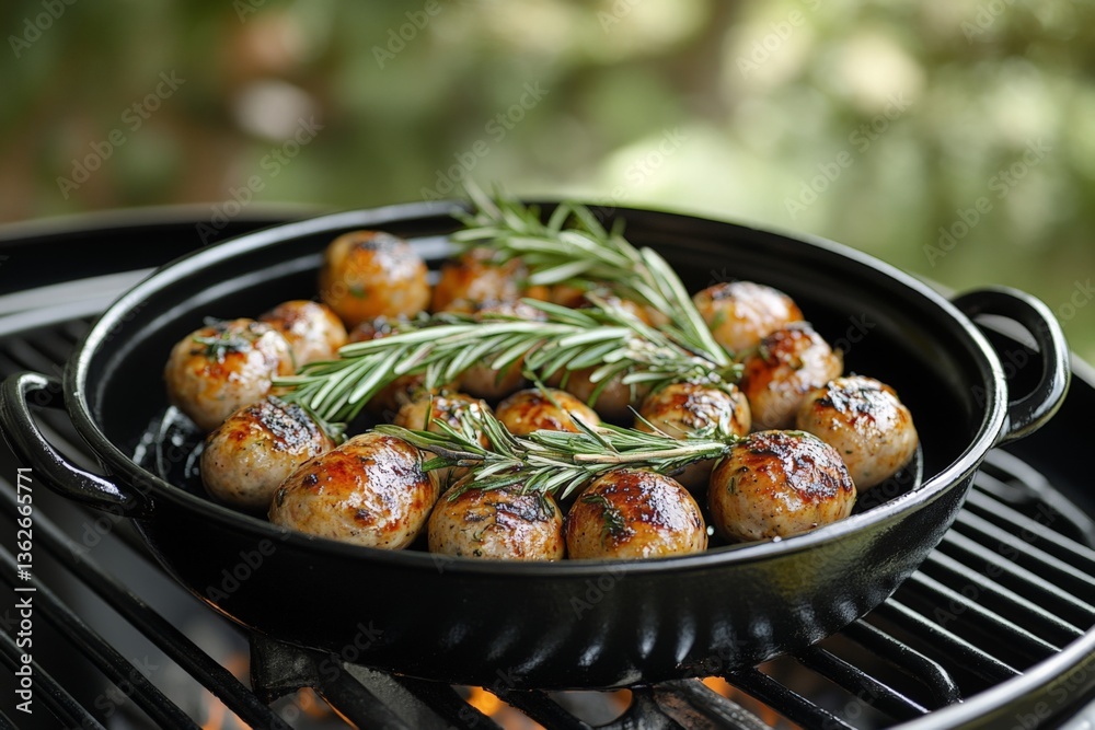 Grilled mushrooms with fresh rosemary on a barbecue in a backyard setting during summer cooking Grilled mushrooms with fresh rosemary on a barbecue in a backyard setting during summer cooking