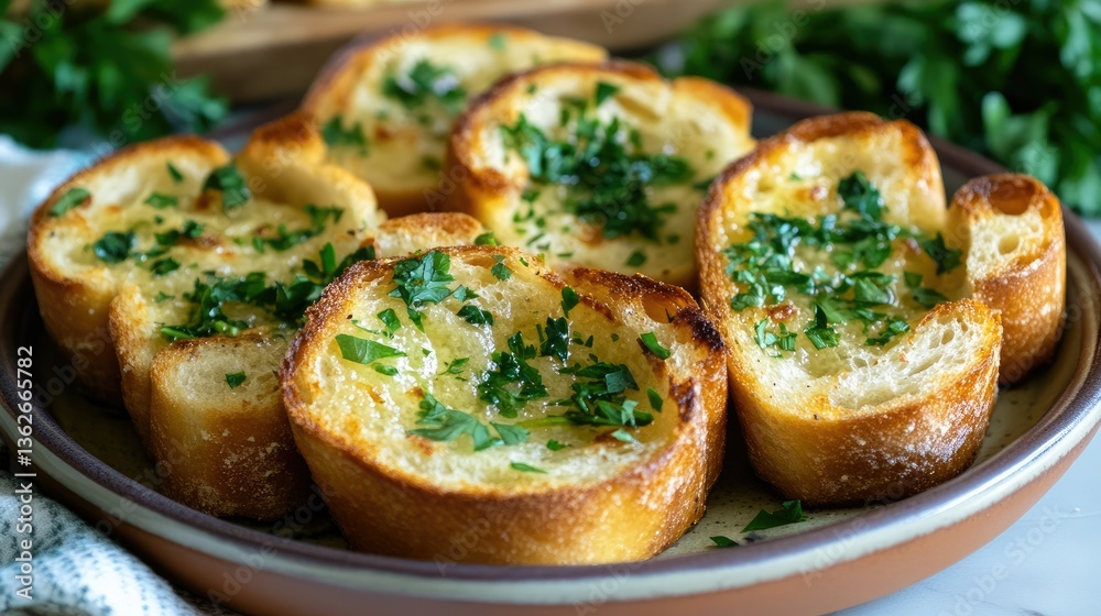 A serving of garlic bread with fresh parsley, beautifully arranged on a ceramic plate. A serving of garlic bread with fresh parsley, beautifully arranged on a ceramic plate.