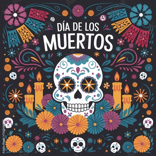 Festive Dia de los Muertos typography banner featuring an ornate sugar skull illustration surrounded by vibrant marigold flowers candles Mexican decorations, set against a dark contrasting background