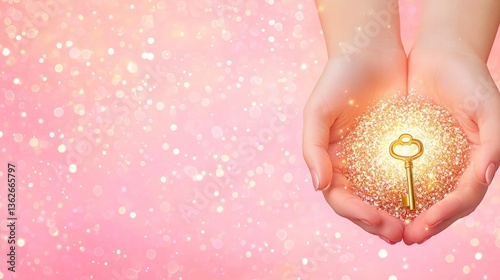 Mother day treasure devotion. A pair of hands cradles a shimmering golden key surrounded by sparkling particles on a soft pink background.