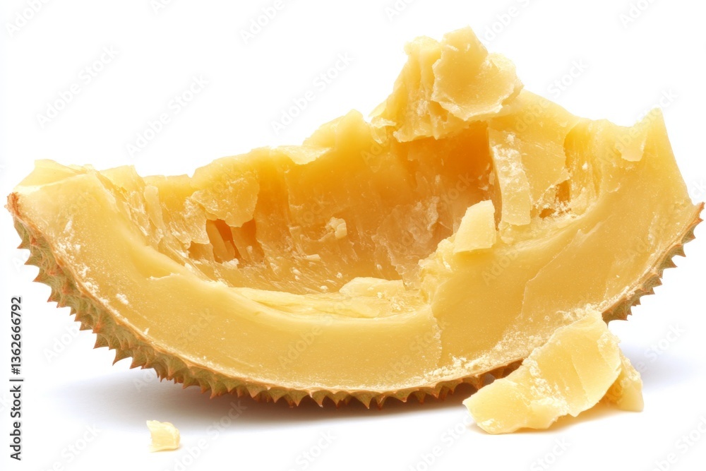 Durian fruit piece with creamy flesh displayed on a white background Durian fruit piece with creamy flesh displayed on a white background