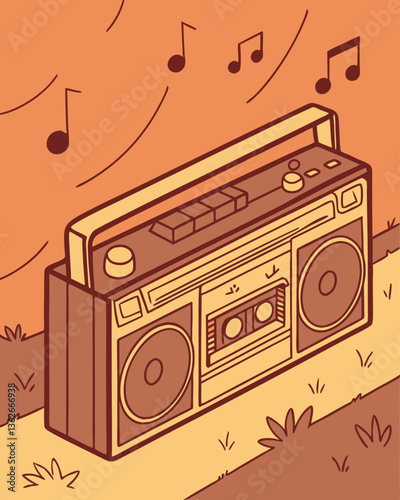 Old Cassette Player with Floating Music Notes in Vintage Lo-Fi Style