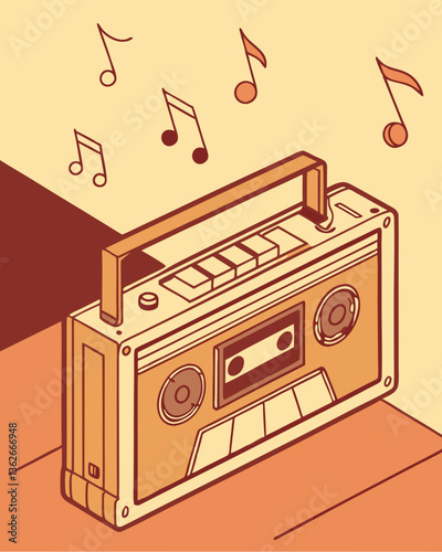 Old Cassette Player with Floating Music Notes in Vintage Lo-Fi Style