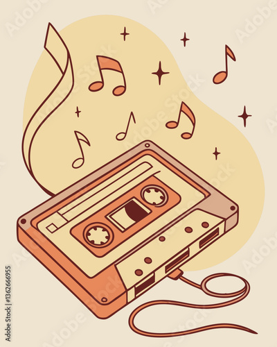 Old Cassette Player with Floating Music Notes in Vintage Lo-Fi Style