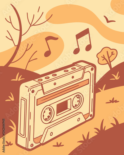 Old Cassette Player with Floating Music Notes in Vintage Lo-Fi Style