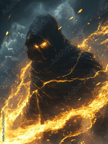 Mysterious figure emanating flame and energy.