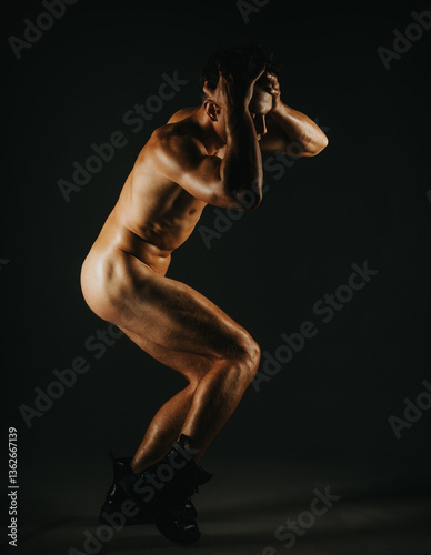 A nude male model crouches in a dynamic pose, wearing boots, against a dark background.