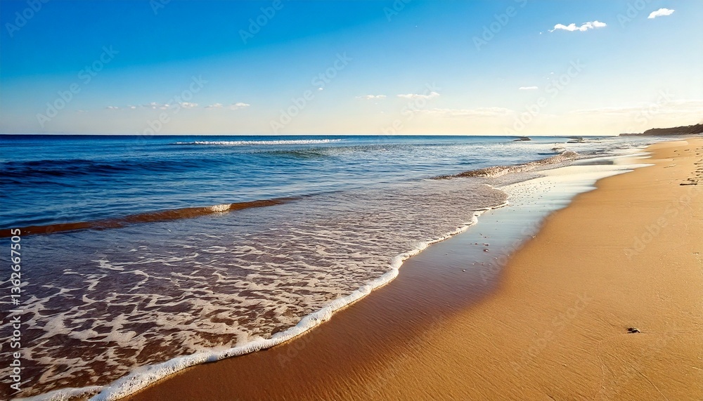 Fototapeta premium A shoreline with small waves lapping the sand. Soft beige, light blues, and natural textures