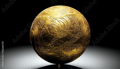 A bright golden ball covered with a mysterious, mystical, carved pattern on a black background, attached with a thin pin on a smooth surface illuminated by studio light