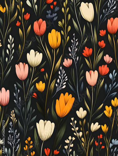 Vibrant floral pattern with colorful flowers.