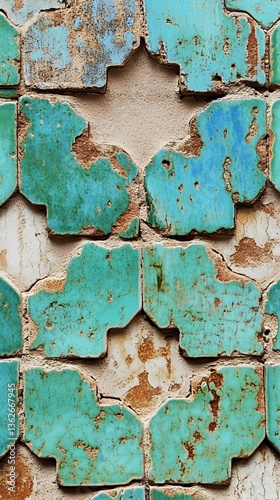 Vintage blue tile pattern on an ancient wall