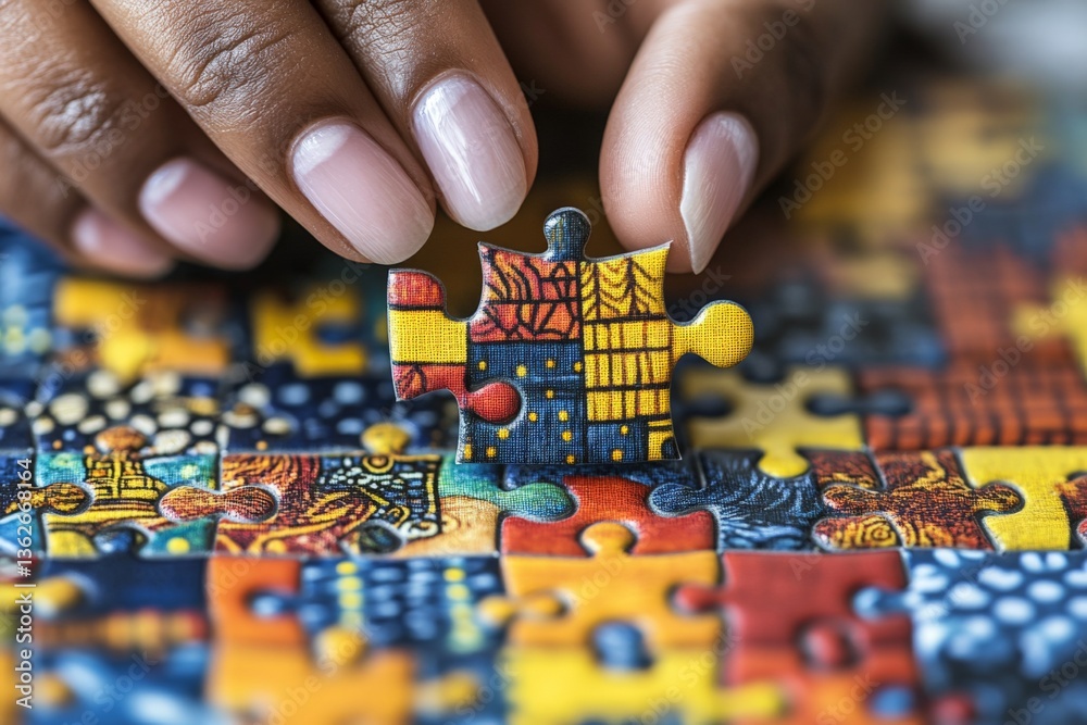 Focused individual placing a colorful puzzle piece on a vibrant puzzle in a cozy indoor setting during daytime Focused individual placing a colorful puzzle piece on a vibrant puzzle in a cozy indoor setting during daytime