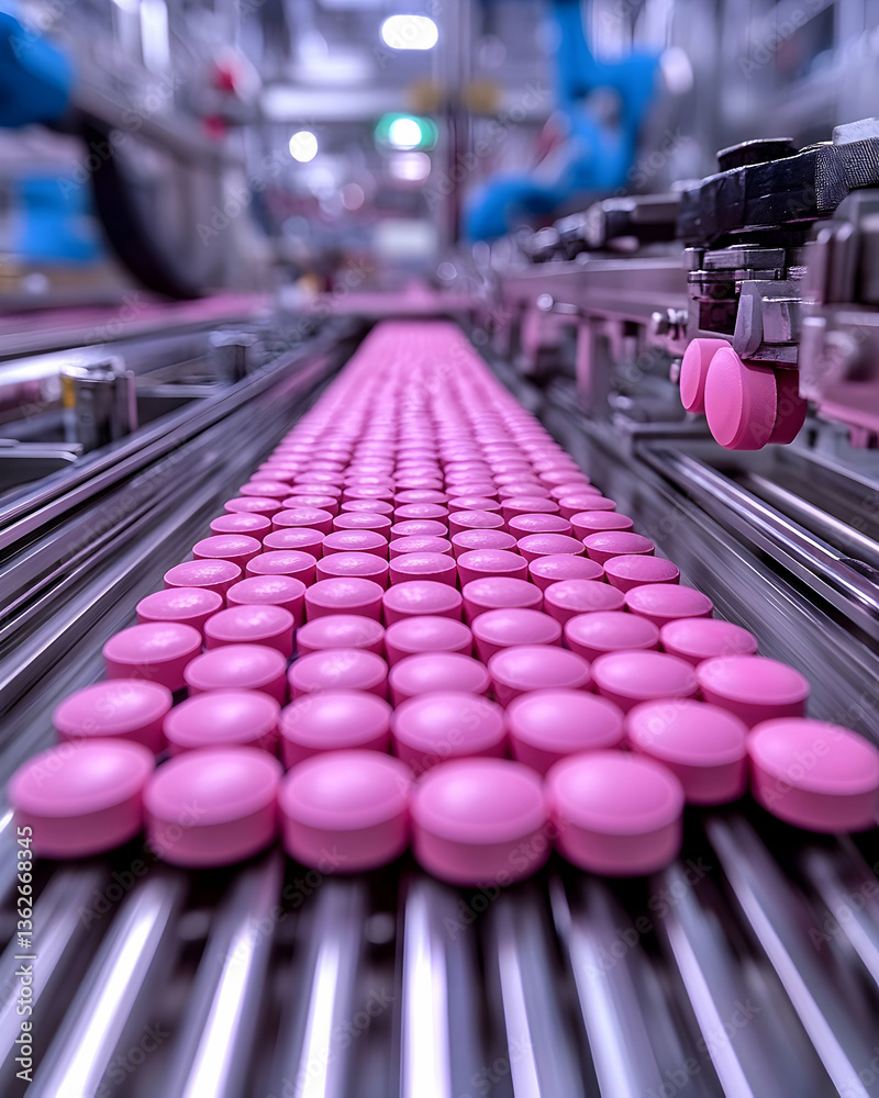 Naklejka premium Pills move down a metal conveyor system inside of a pharmaceutical manufacturing plant