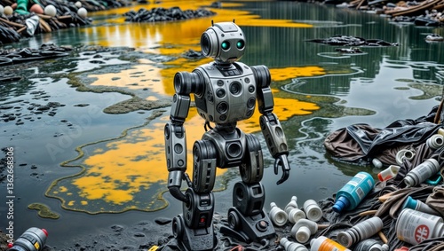 ecological disaster with polluted water and sad robot witnessing environmental destruction for climate change awareness campaigns sustainability projects and eco activism photo
