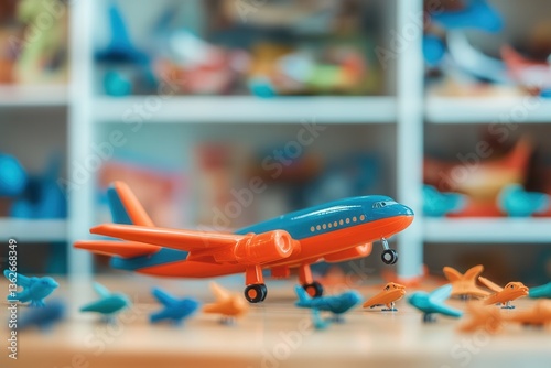 Colorful Toy Airplane Surrounded by Miniature Planes in a Playroom