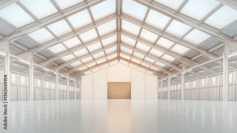 A spacious and well-lit interior of a modern building with high ceilings, large windows, and minimalistic design. Perfect for showcasing industrial spaces or event halls.