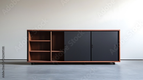A large wooden cabinet with black doors and shelves