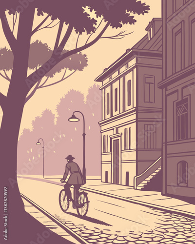 Lone Cyclist Riding Down a Quiet Street at Dusk in Retro Lo-Fi Aesthetic