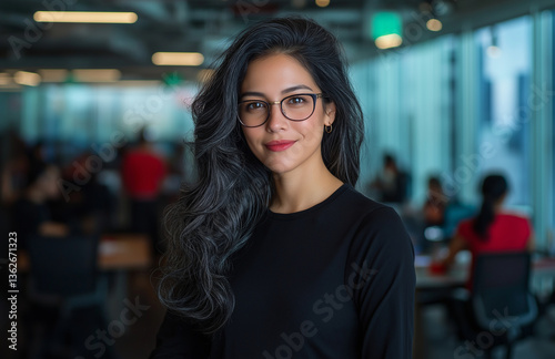 confident businesswoman with long  wavy hair and glasses  smiling in modern office environment. She exudes professionalism and leadership