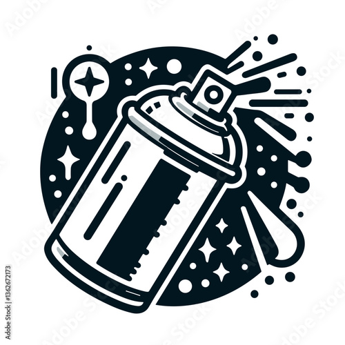 Stylized spray paint can illustration with dynamic paint burst and decorative elements