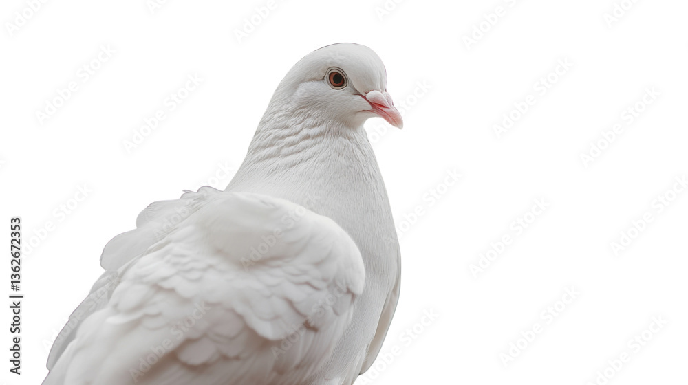 Fototapeta premium Pure Dove in Solitude: A pristine white dove stands in a moment of serene solitude, its delicate feathers and gentle gaze capturing the essence of peace and tranquility.