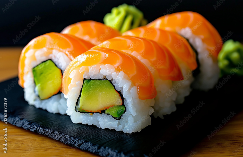 Fresh sushi rolls with salmon and avocado on dark slate plate, garnished with wasabi. This vibrant dish showcases art of sushi making and is perfect for food lovers Fresh sushi rolls with salmon and avocado on dark slate plate, garnished with wasabi. This vibrant dish showcases art of sushi making and is perfect for food lovers