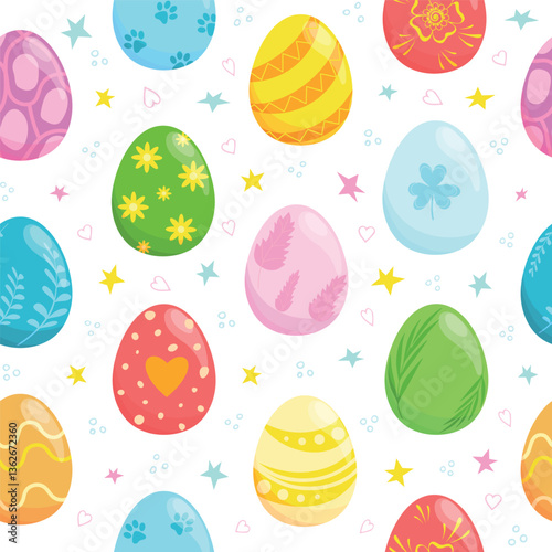 Glossy painted Easter eggs with ornaments. Cute bright cartoon pattern for prints, backgrounds