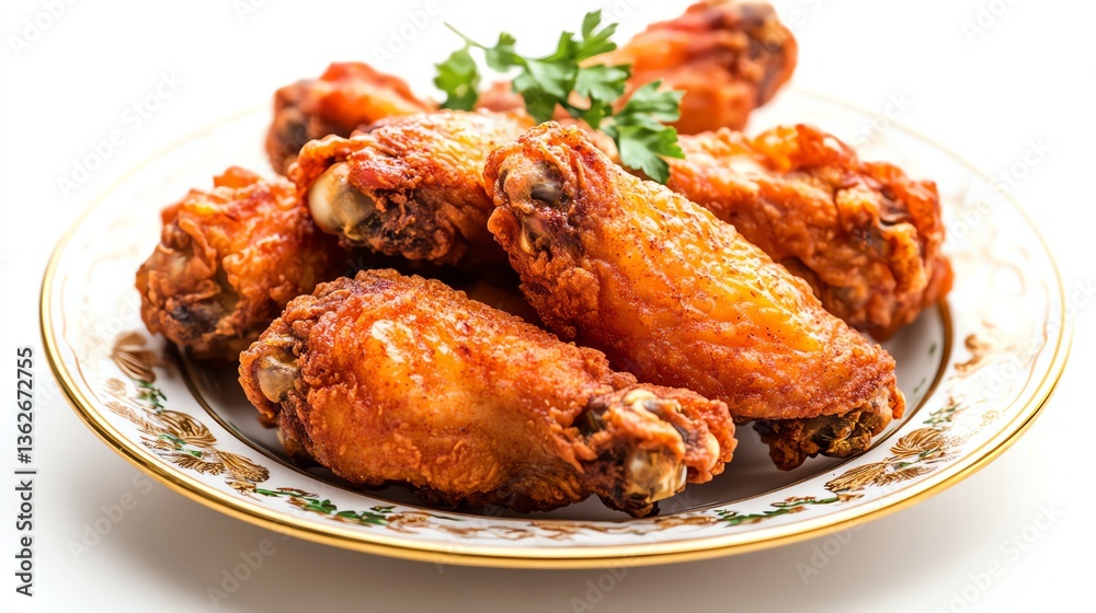 Delicious crispy chicken wings garnished with parsley on a decorative plate. Delicious crispy chicken wings garnished with parsley on a decorative plate.