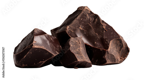 Delectable Dark Chocolate: A close-up shot of rough-hewn pieces of dark chocolate, with a rich, glossy surface, hinting at a deeply satisfying indulgence and the essence of pure cocoa