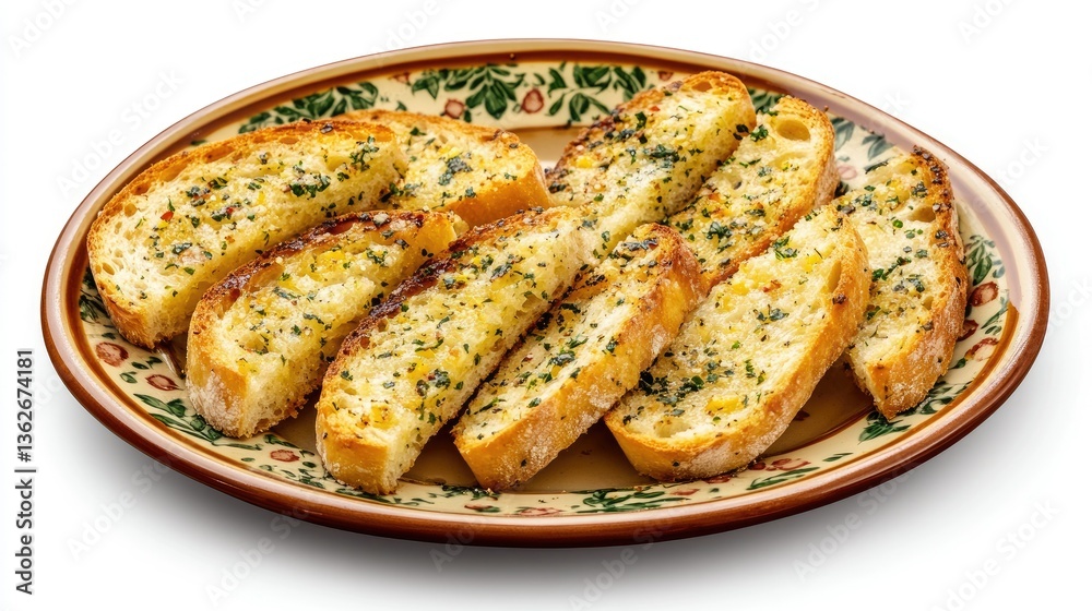 A warm and inviting presentation of garlic bread slices on a ceramic plate, perfect for sharing.